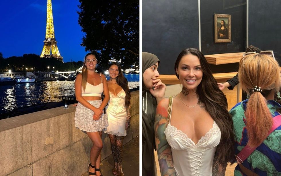 Helene Boudreau visiting Paris in a white lace dress.