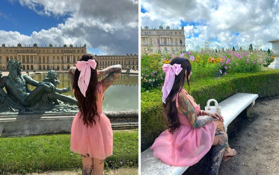 Helene Boudreau wearing a pink dress at the Palace de Versailles.