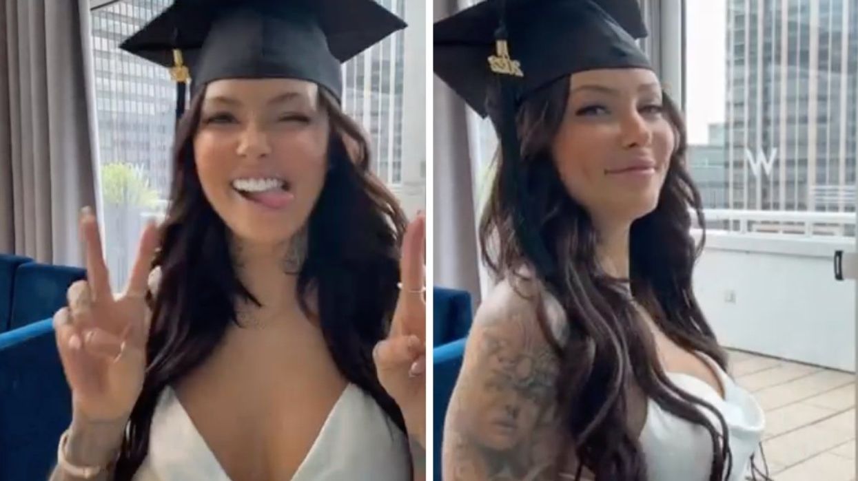 Helene Boudreau wearing a white dress and a graduation cap.