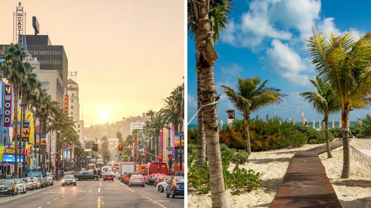Hollywood Boulevard lights up at golden hour in Los Angeles. Right: A wooden boardwalk winds through palm trees toward a turquoise Caribbean beach.