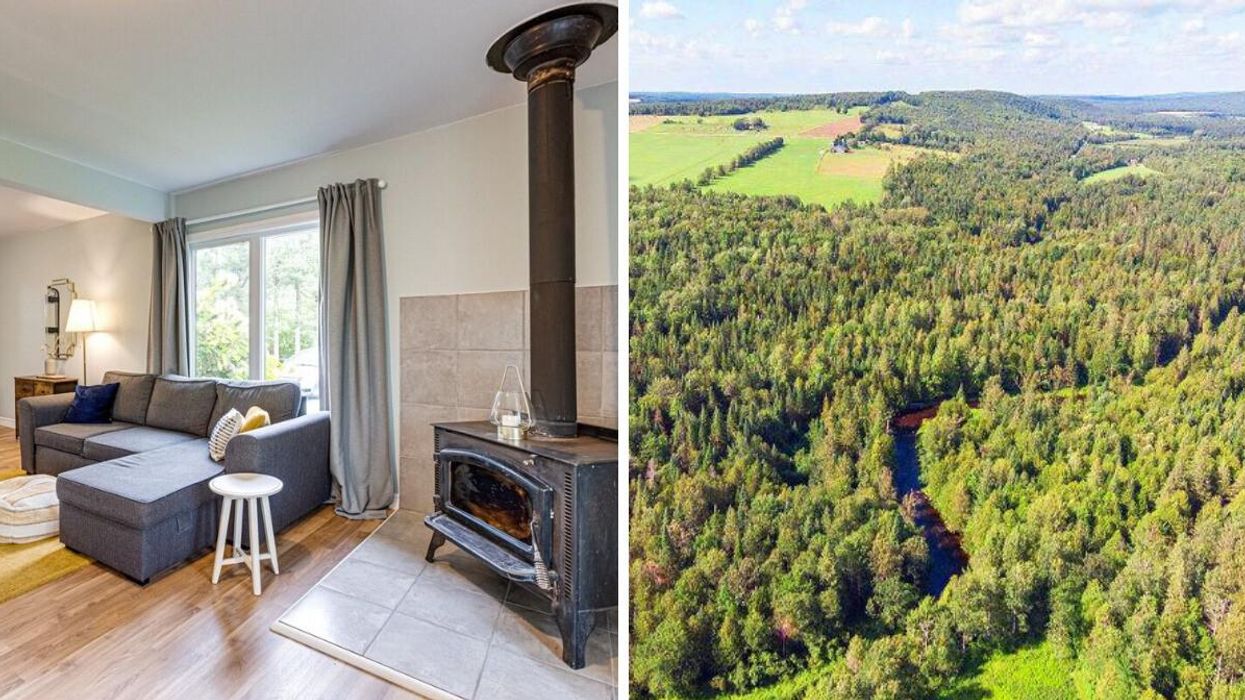 Home for sale in Lawrenceville, Quebec includes 7.6 acres of land traversed by a stream.