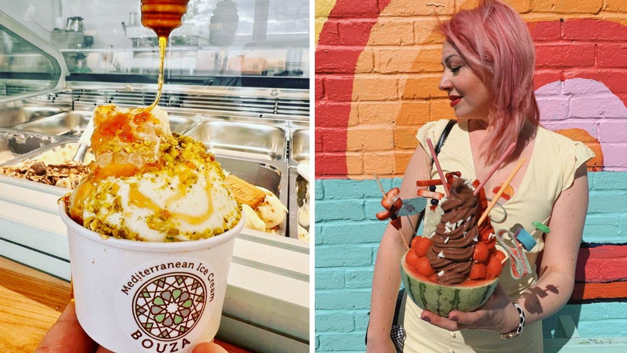 Honey is drizzled onto a scoop of pistachio ice cream. Right: A person holds a watermelon bowl filled with ice-cream and sweet treats in front of colourful street art.