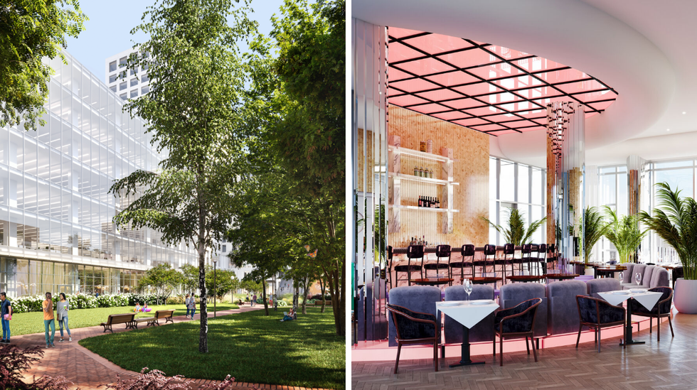 Hyatt Centric Ville-Marie Montr\u00e9al courtyard. Right: Cartier Arms restaurant.