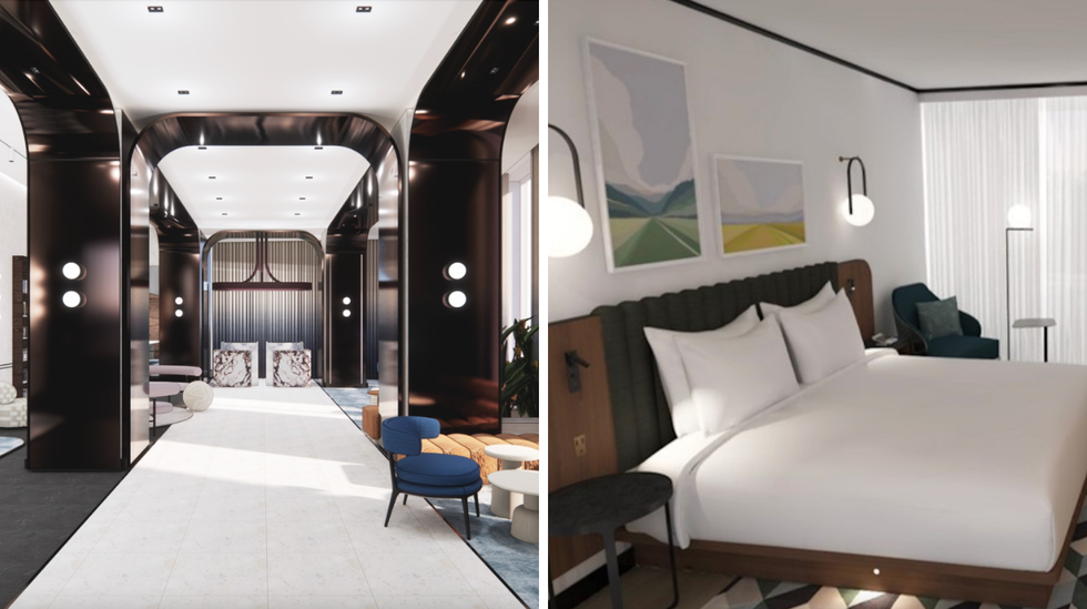 Hyatt Centric Ville-Marie Montr\u00e9al lobby. Right: Hyatt Centric Ville-Marie Montr\u00e9al standard room.