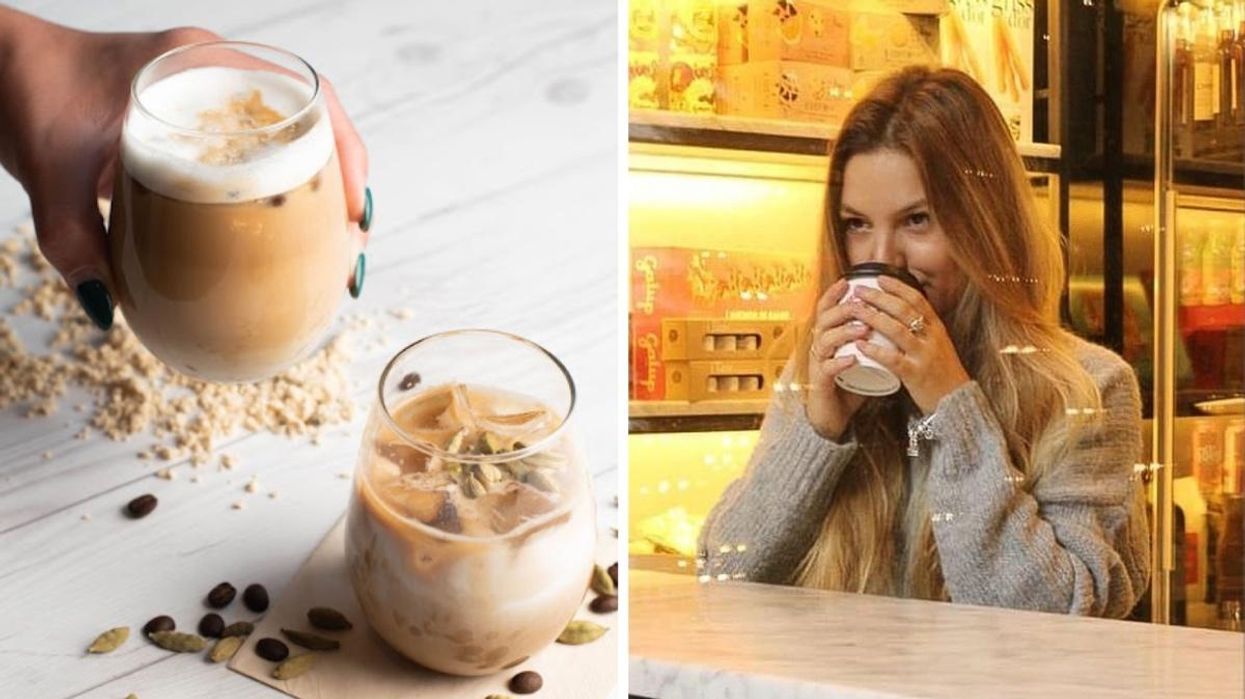 Iced coffee from Café Chez Teta in Montreal, Right: Person drinking coffee from Café Gentile.