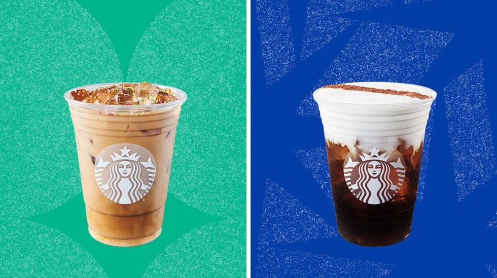 Iced Sugar Cookie Almondmilk Latte. Right, Irish Cream Cold Brew.