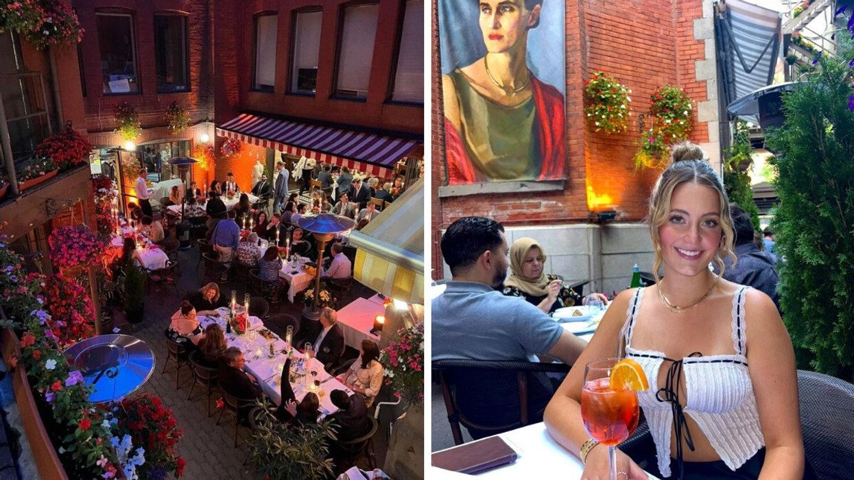 Il Cortile's bustling, Italian-inspired courtyard at dusk. Right: A woman poses with an Aperol Spritz on a quaint terrasse.