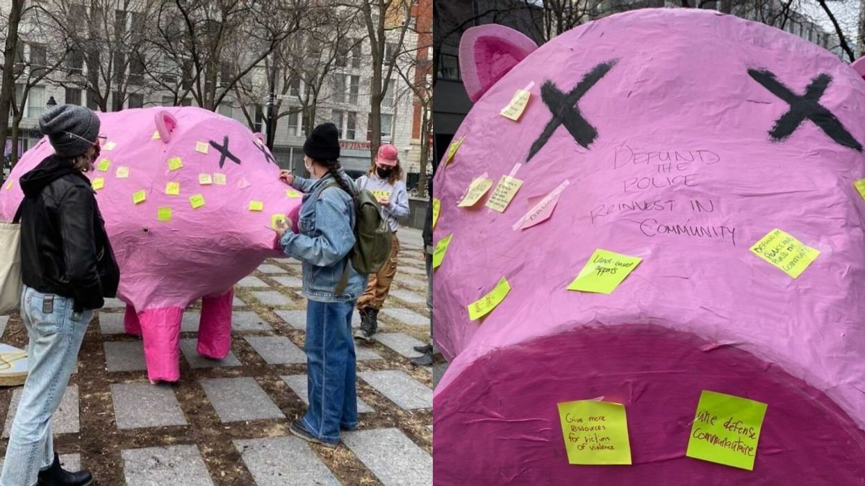 A Giant Pig Was Installed In Downtown Montreal To Support Defunding The Police (PHOTO)