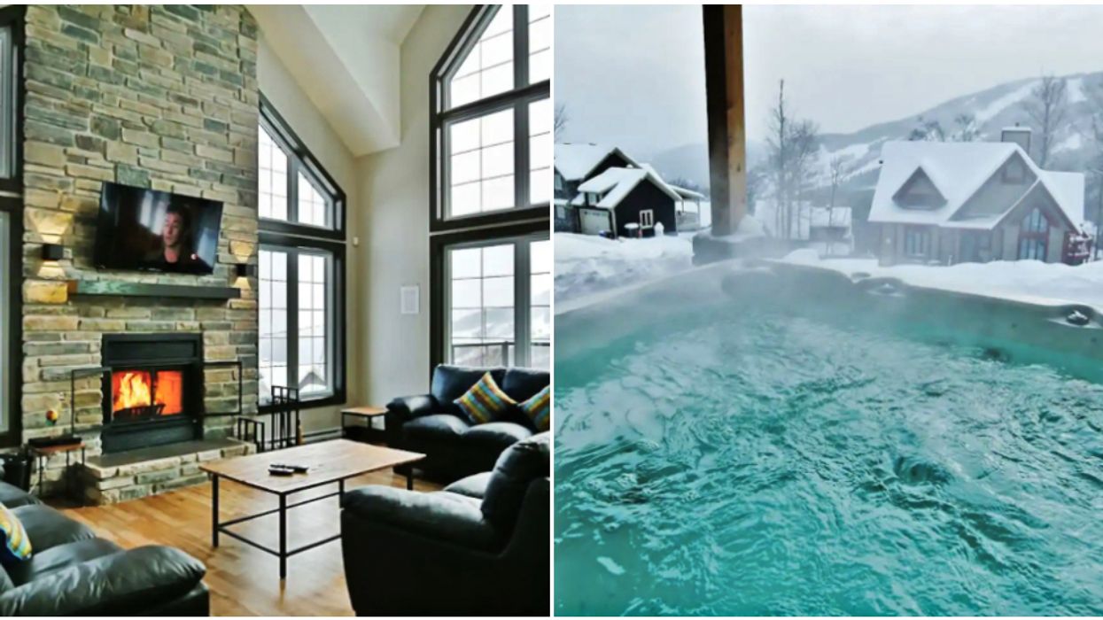 This Quebec Airbnb With A Stone Fireplace & Massive Hot Tub Is A Winter