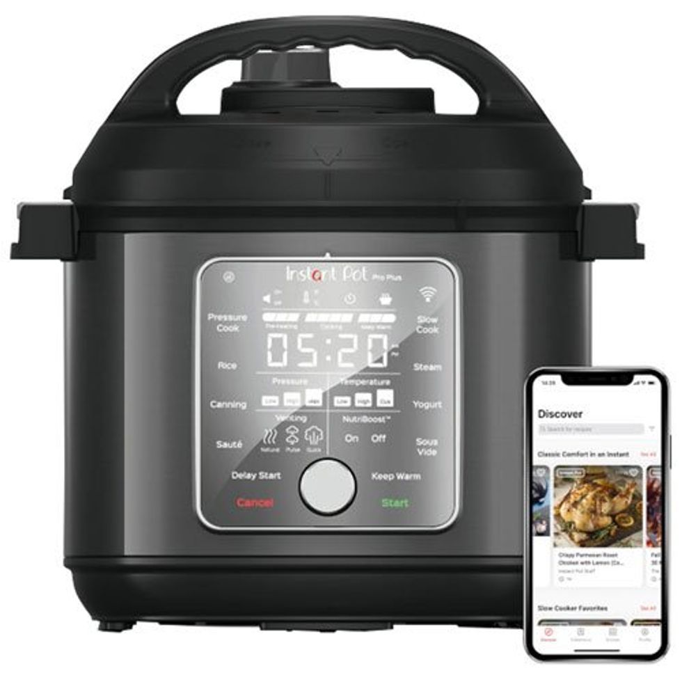 Instant Pot electric pressure cooker with digital control panel and mobile app.