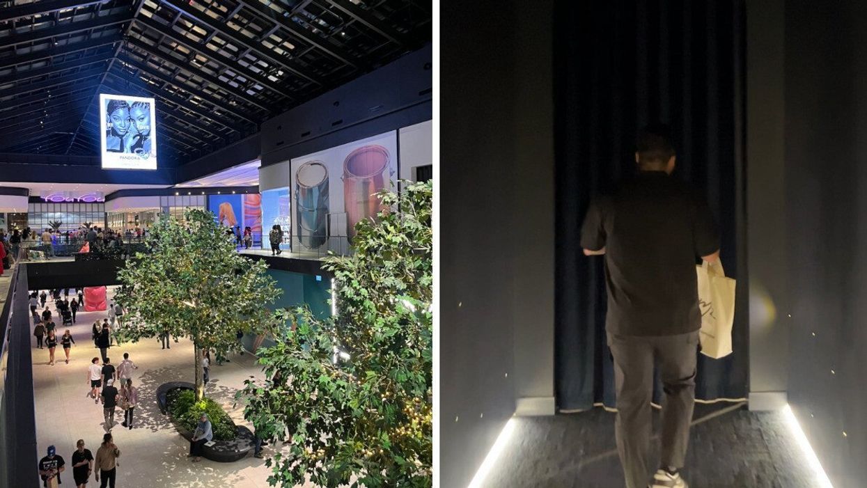 Interior of a mall. Right: Someone walking down a dark hallway towards a curtain.
