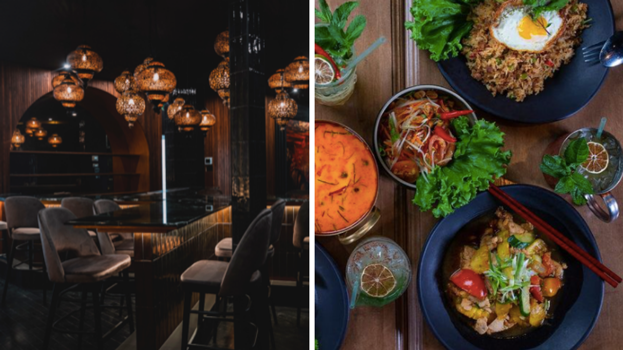 Interior of Pamika Brasserie Thai new location in Montreal, Right: Food from Pamika Basserie Thai in Montreal.