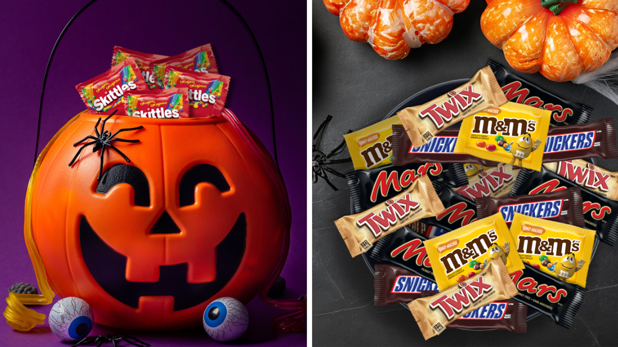 Jack-o'-lantern bucket with Skittles candy. Right: Assorted Twix, Snickers, M&M’s, and Mars bars.