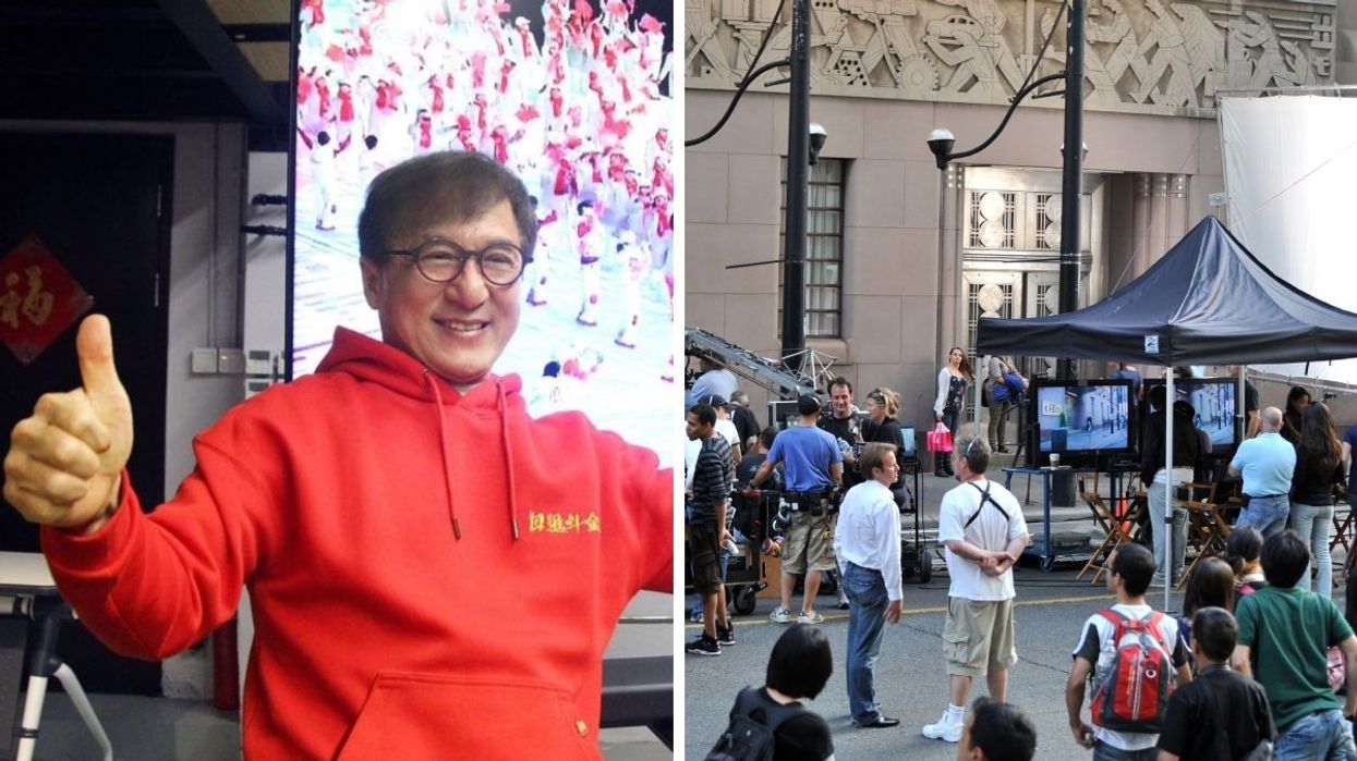 Jackie Chan wearing a red hooded sweatshirt while posing with his thumbs up. Right: A tent and camera crew filming a movie in Canada.