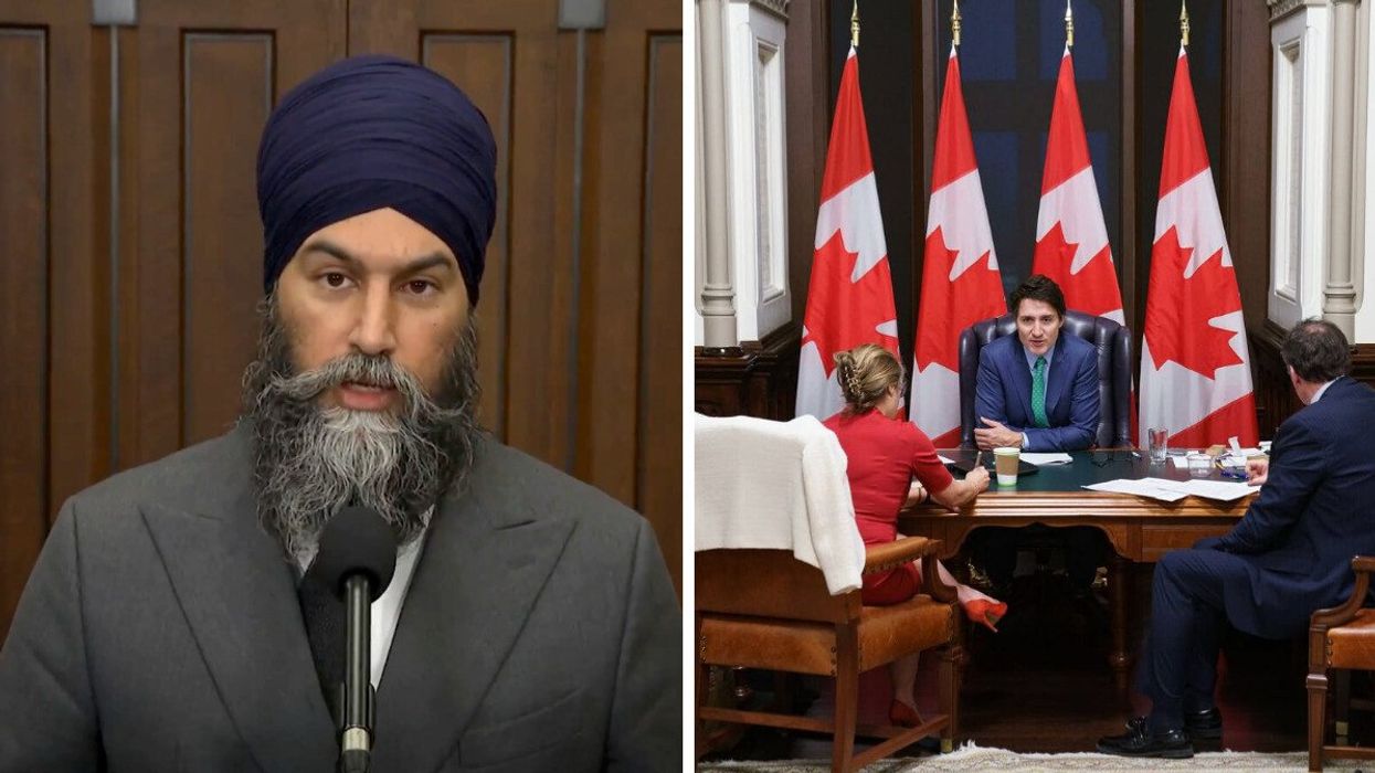 Jagmeet Singh. Right: Justin Trudeau at a desk with Chrystia Freeland and Dominic Leblanc.