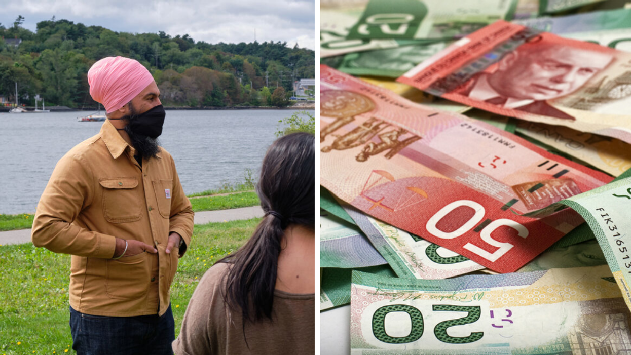 Jagmeet Singh speaks to constituents in Halifax. Right: A pile of Canadian money.