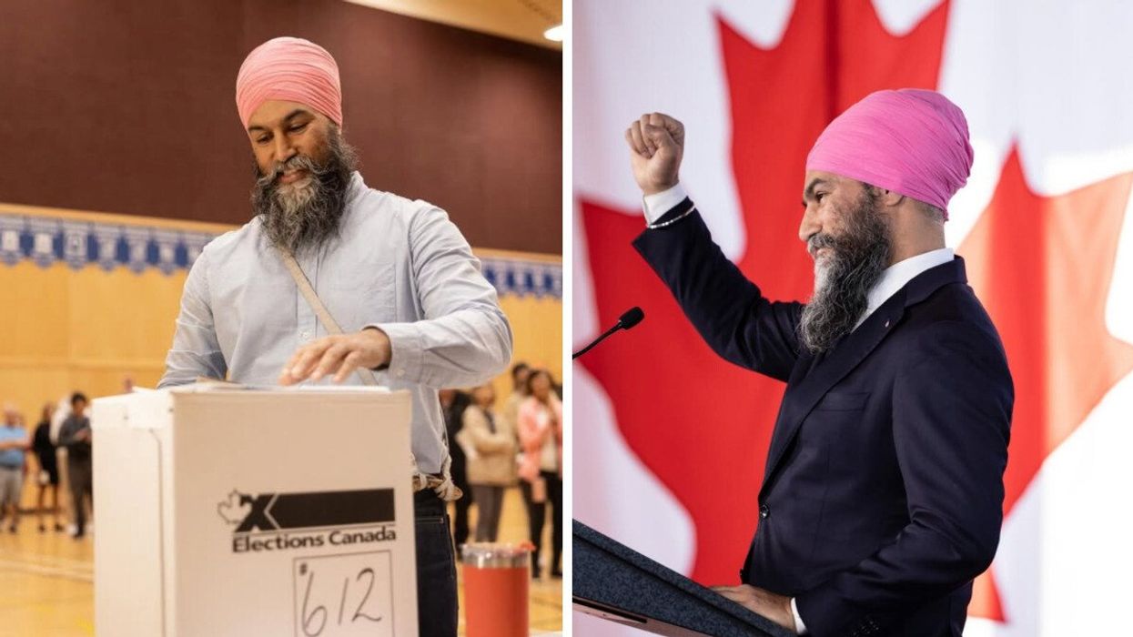 Jagmeet Singh votes in Canada's federal election. Right: Jagmeet Singh delivers a speech.