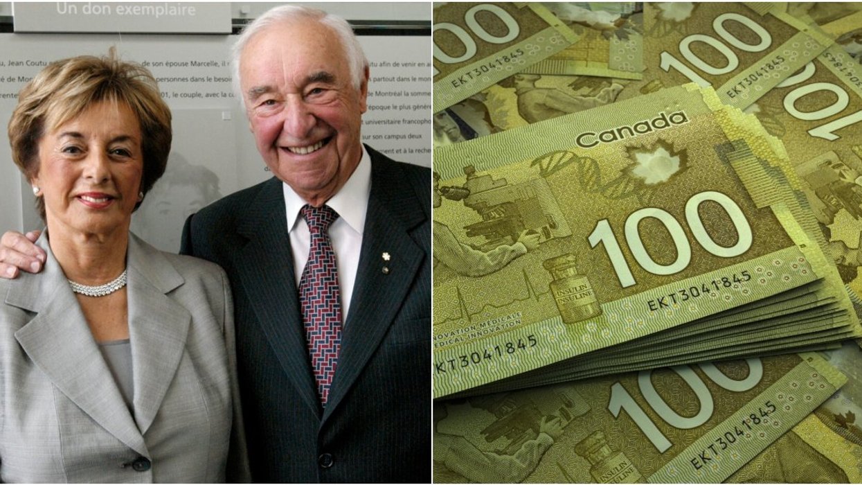 Jean Coutu and his wife. Right: A stack of Canadian money.