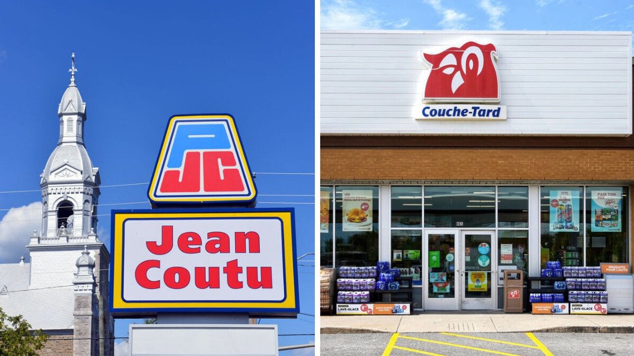 Jean Coutu sign. Right: Couche-Tard sign.