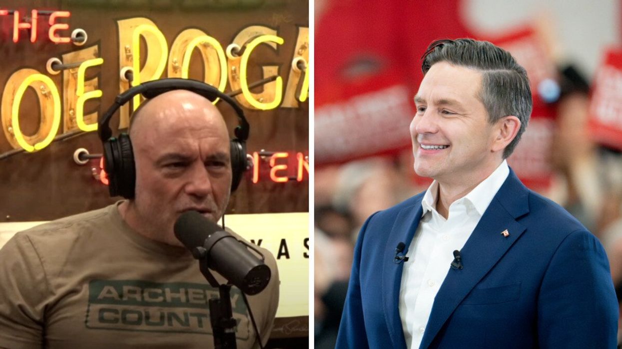 Joe Rogan hosting his podcast. Right: Pierre Poilievre at a rally.
