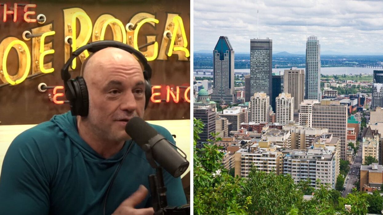 Joe Rogan hosts his podcast. Right: Skyline of Montreal.