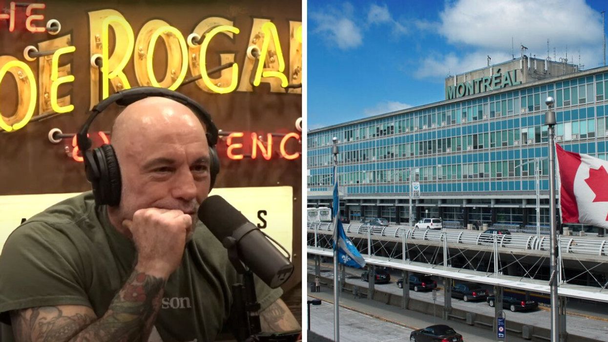 Joe Rogan sits in his podcast studio. Right: Outside view of Montreal's airport.