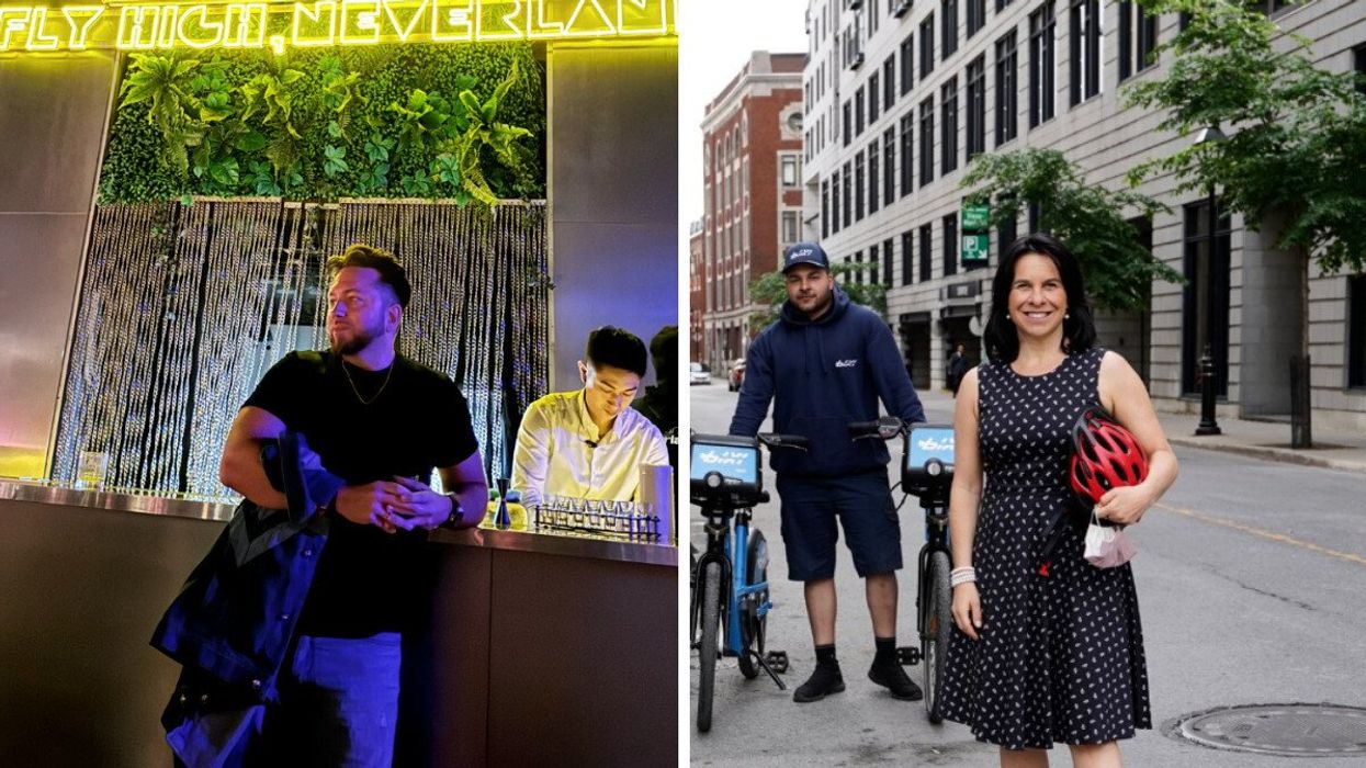 Johnny Gumbley at the bar of one of his clubs. Right: Montreal Mayor Valerie Plante poses with a BIXI bike.