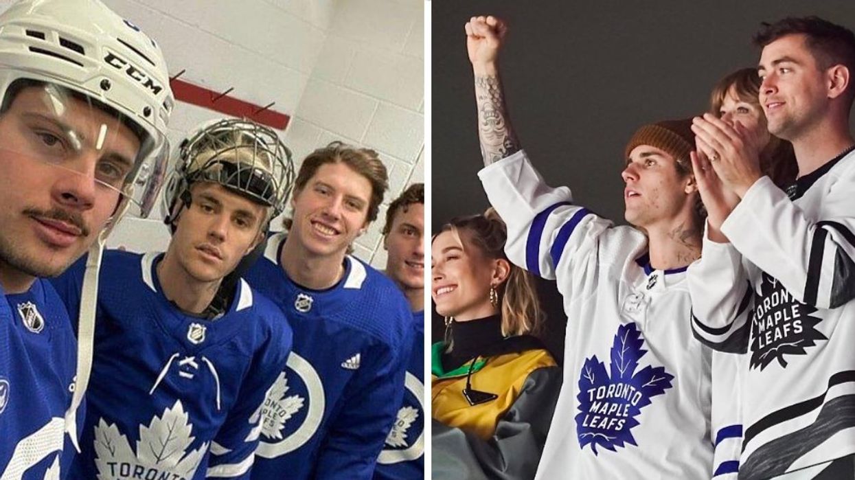 Justin Bieber posing with Auston Matthew from the Toronto Maple Leafs. Right: Justin Bieber cheering during a Toronto Maple Leafs game.