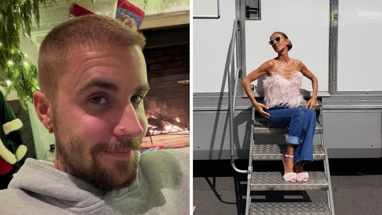 Justin Bieber smiles and poses for a close-up selfie. Right: Celine Dion poses in the sun wearing a feathered top and pink sunglasses.
