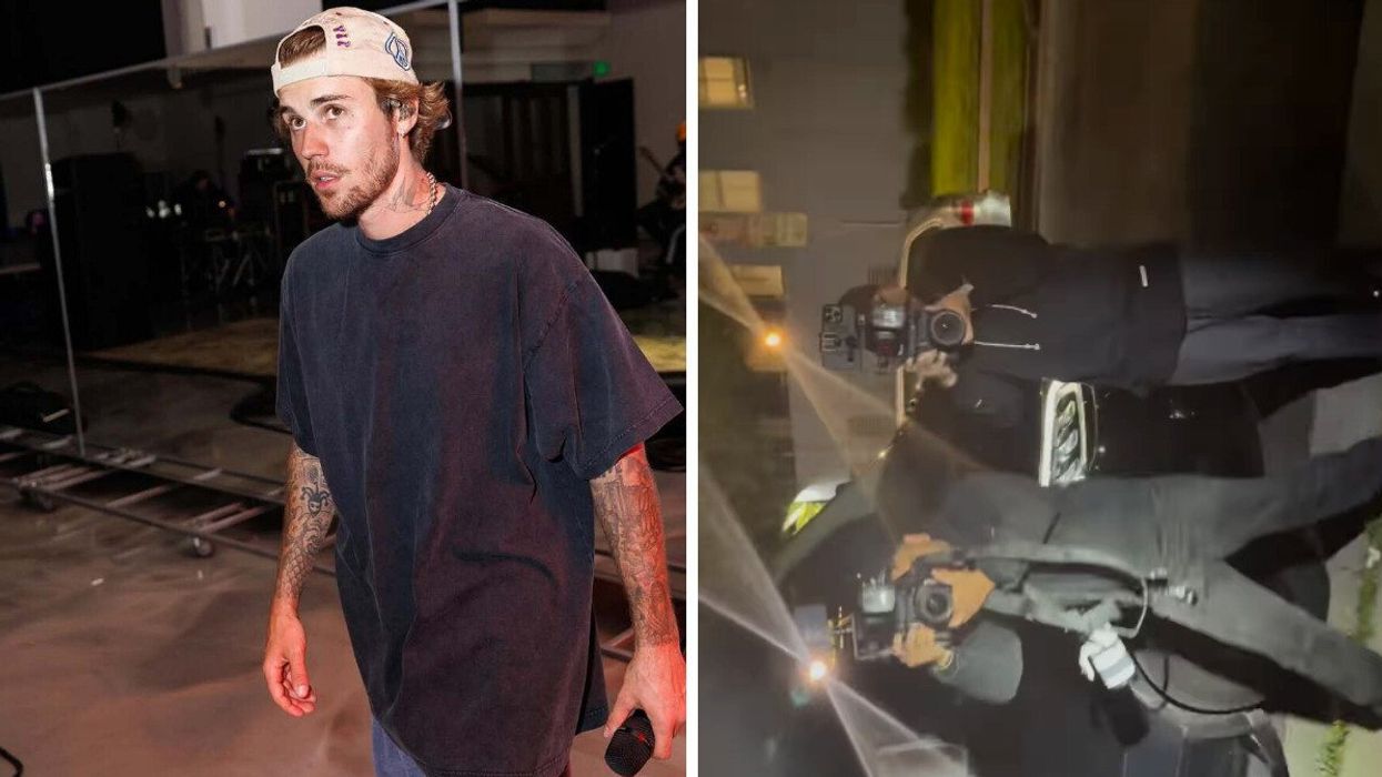 Justin Bieber walking with a speaker in his hand. Right: Photographers harass Justin Bieber outside his home.