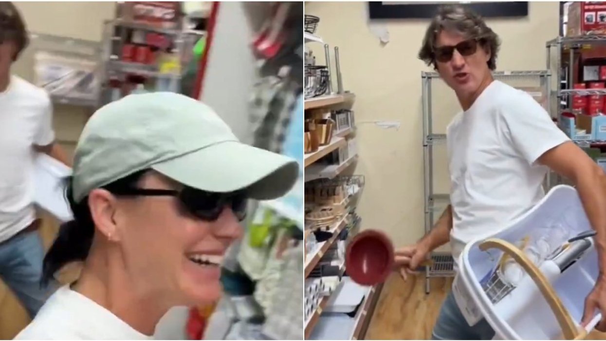 Justin Trudeau and Katy Perry dance in a Montreal store.