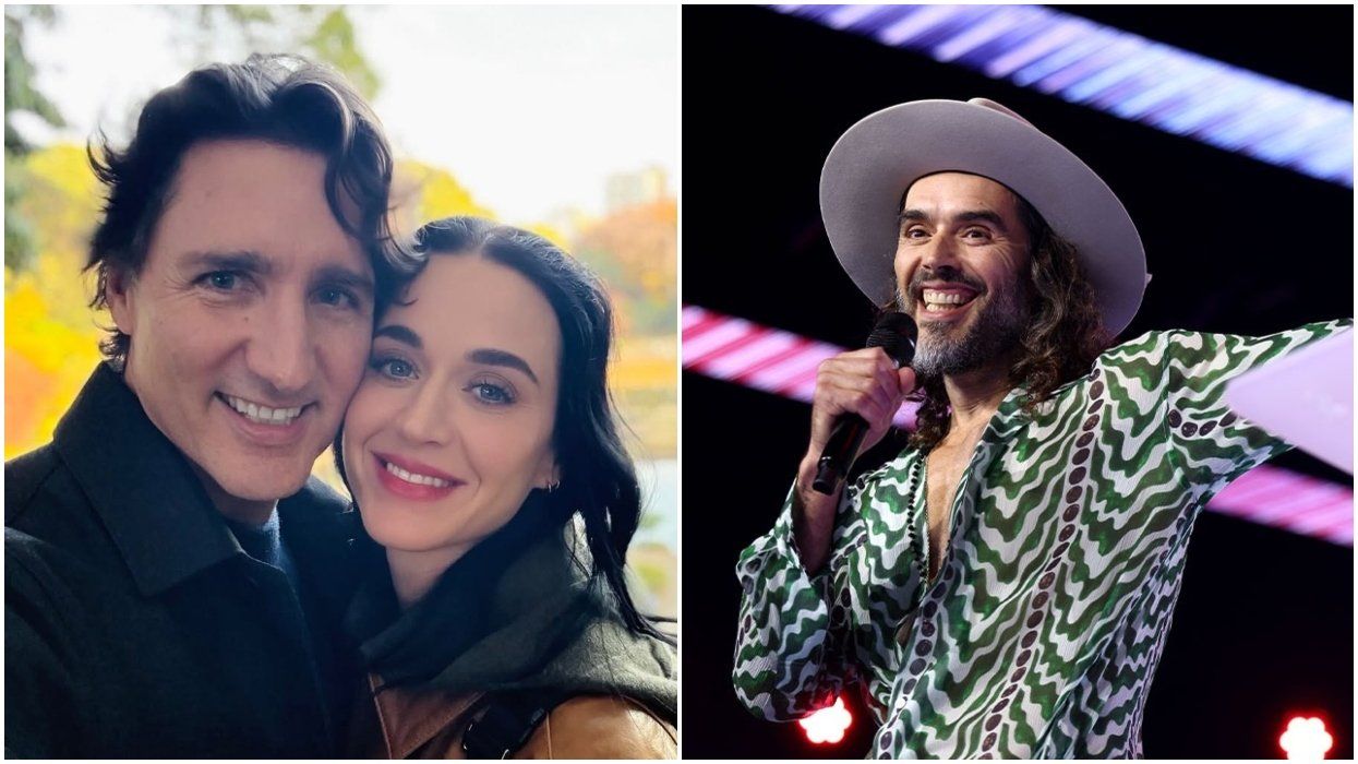 Justin Trudeau and Katy Perry. Right: Russell Brand.