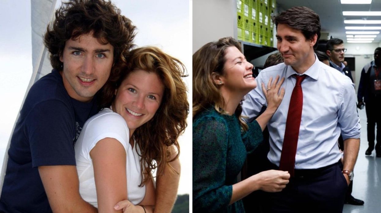 Justin Trudeau and Sophie Gregoire hugging on a boat, Right: Justin Trudeau and Sophie Gregoire laughing in the hallway of a school.