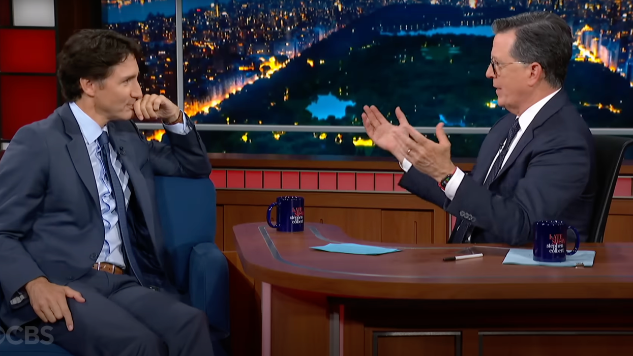 Justin Trudeau and Stephen Colbert face each other as they chat on 'The Late Show.'