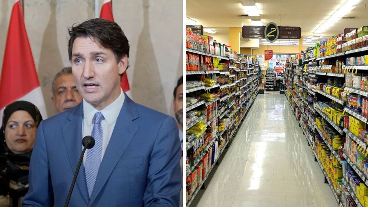 Justin Trudeau at a press conference. Right: A Montreal grocery store (illustrative).