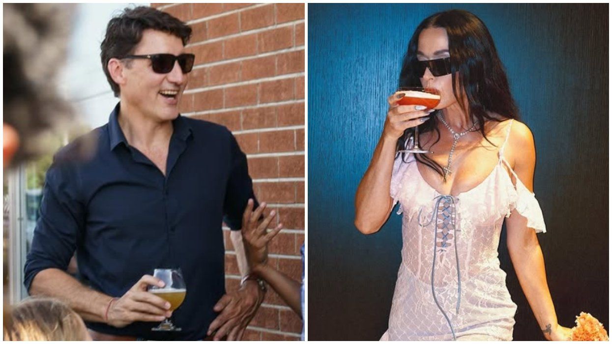 Justin Trudeau having a beer. Right: Katy Perry sipping a drink.