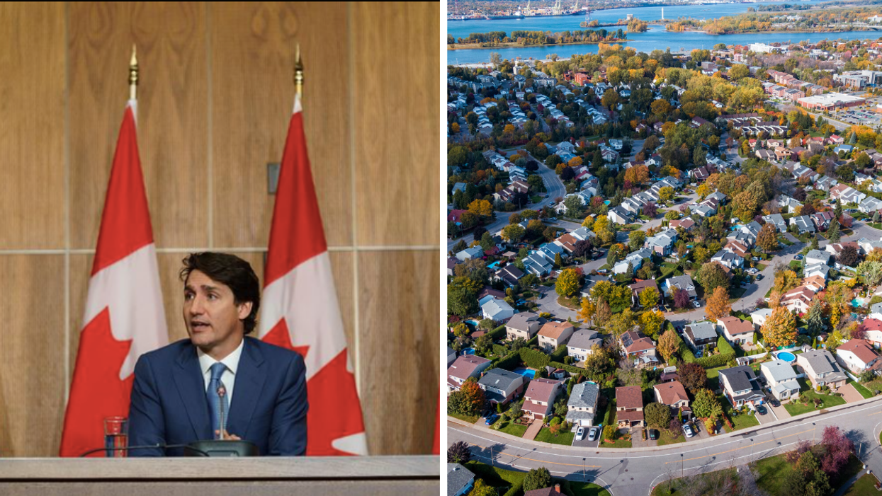 Justin Trudeau speaking at press conference. Right: Aerial view of a Montreal neighbourhood.