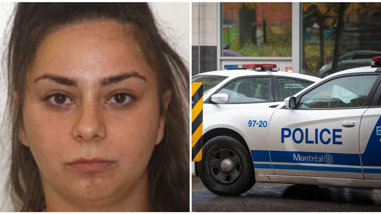 Katherine Bergeron-Pinzarrone, 27, is wanted in connection with the second-degree murder of a 16-year-old Montrealer. Right: A SPVM police car.