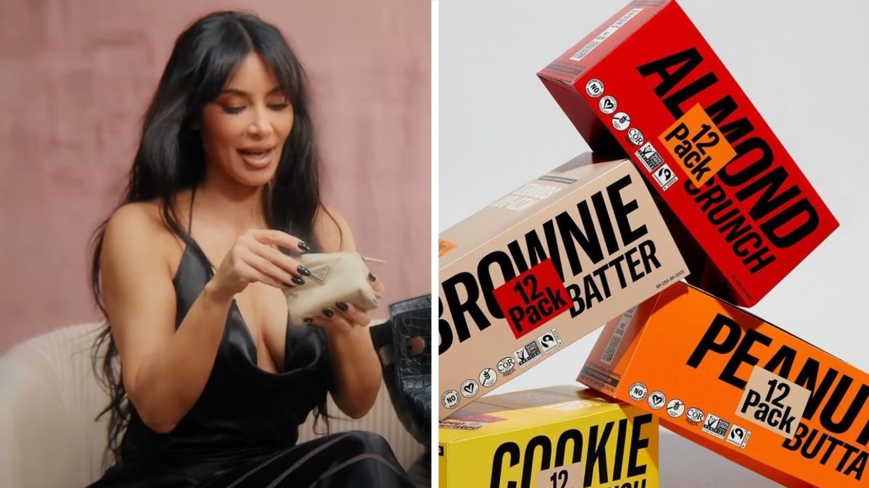 Kim Kardashian during her what's in my bag video with Vogue Italia, Right: Four boxes of Mid-Day Squares.