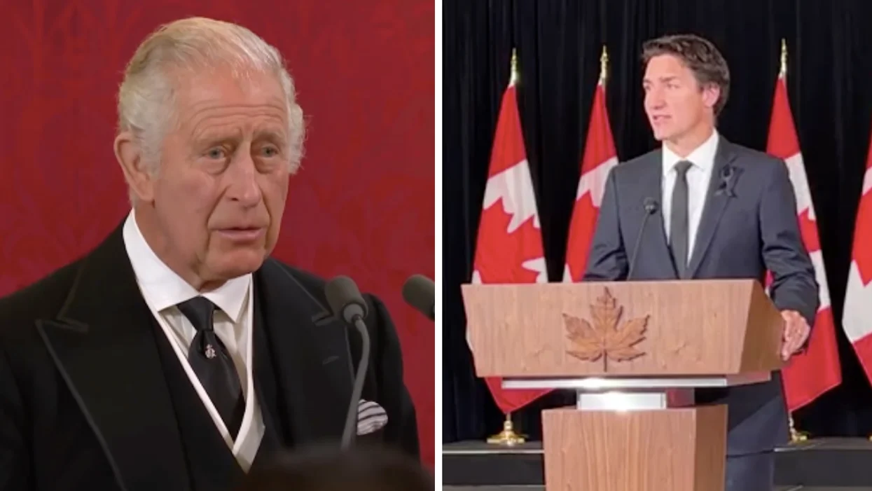 King Charles III's first declaration of the new Sovereign. Right: Prime Minister Justin Trudeau speaks on the death of Queen Elizabeth II.