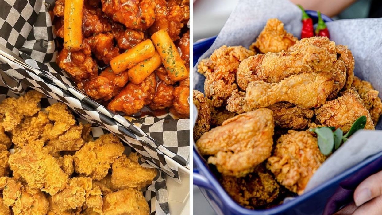 Korean fried chicken and ttteokbokki in a basket. Right: A person holding a tray of Korean fried chicken.