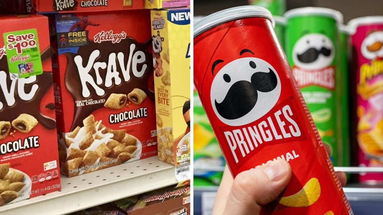 Krave cereal near Frosted Flakes in a grocery store. Right: Someone holds a tube of Pringles.