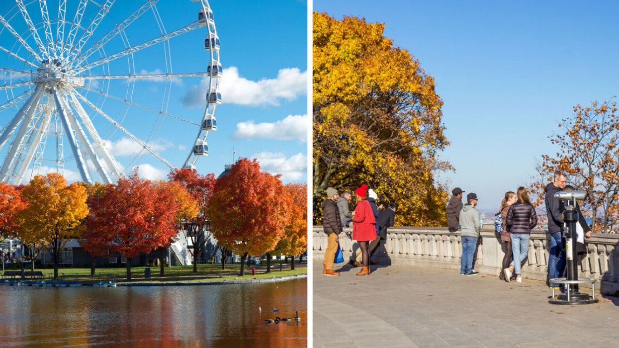 La Grande Roue de Montréal surrounded by trees with red and orange leaves. Right: Visitors at the Kondiaronk lookout on top of Mount Royal.
