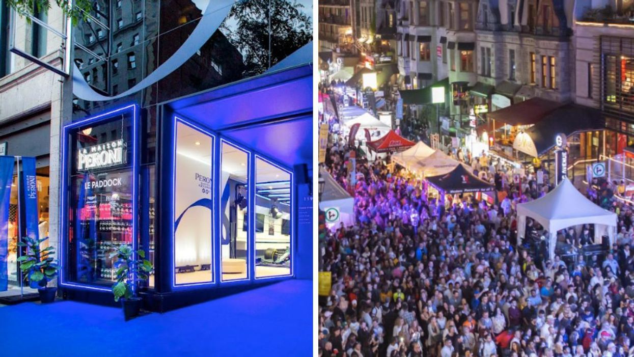 La Maison Peroni's "Le Paddock." Right: Montreal's rue Crescent packed with people during Grand Prix weekend.