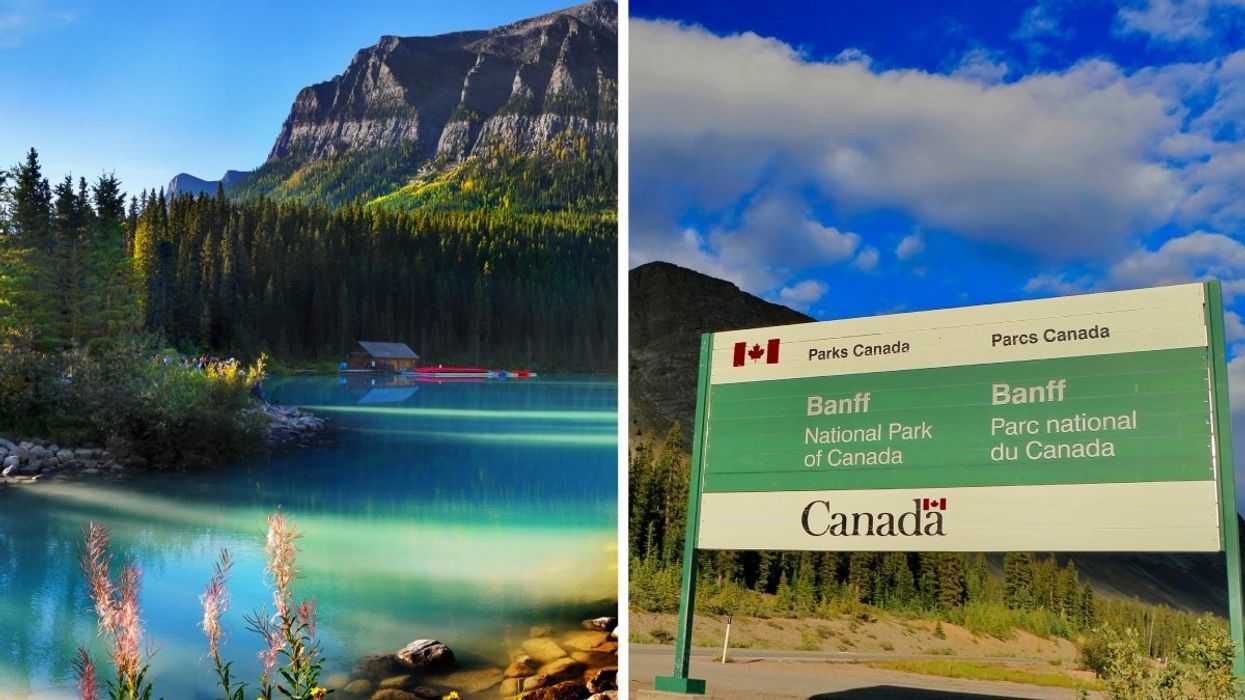 Lake Louise in Alberta, Right: A Parks Canada post of Banff National Park of Canada.