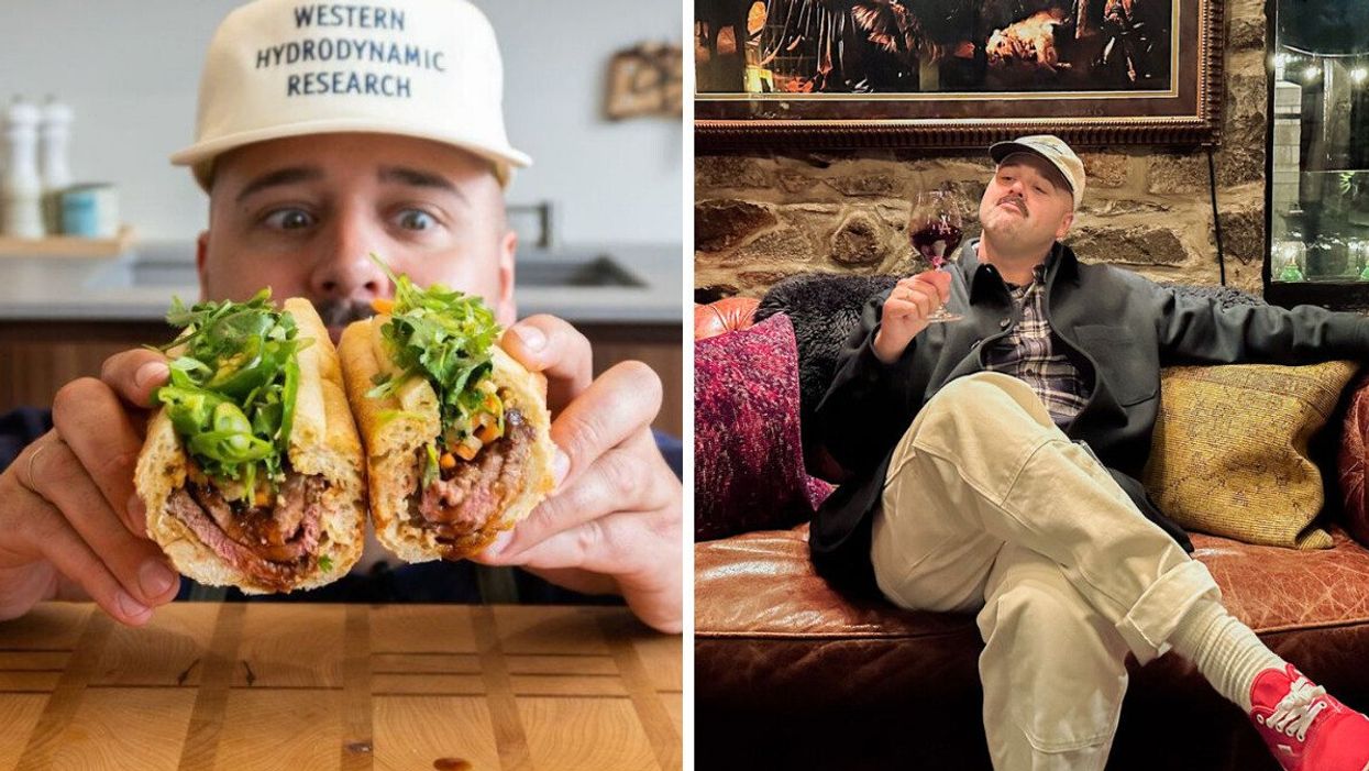 Laurent Dagenais holding two halves of a bahn mi sandwich in front of his face. Right: Laurent Dagenais sits on a leather couch at L'Auberge Saint-Gabriel, looking into a glass of red wine in his hand and a stone wall behind.