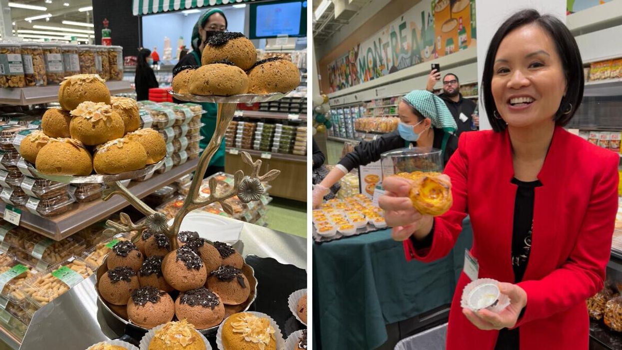 Lava mochi puffs sit on a display tree. Right: CEO Tina Lee shows off an egg tart.