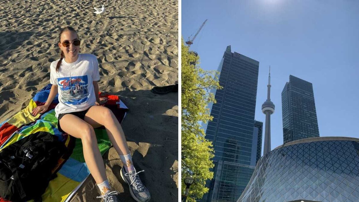 Left: A woman sat on a beach wearing a Toronto T-shirt. Right: Looking up at the CN Tower under a blue sky.