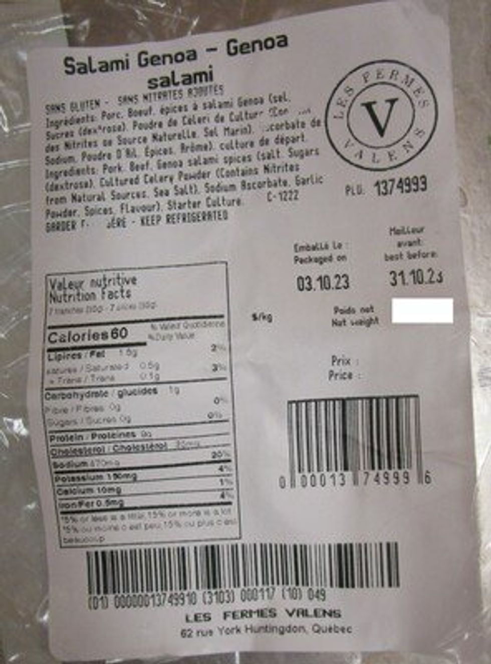 Les Fermes Valens Inc. Genoa Salami
