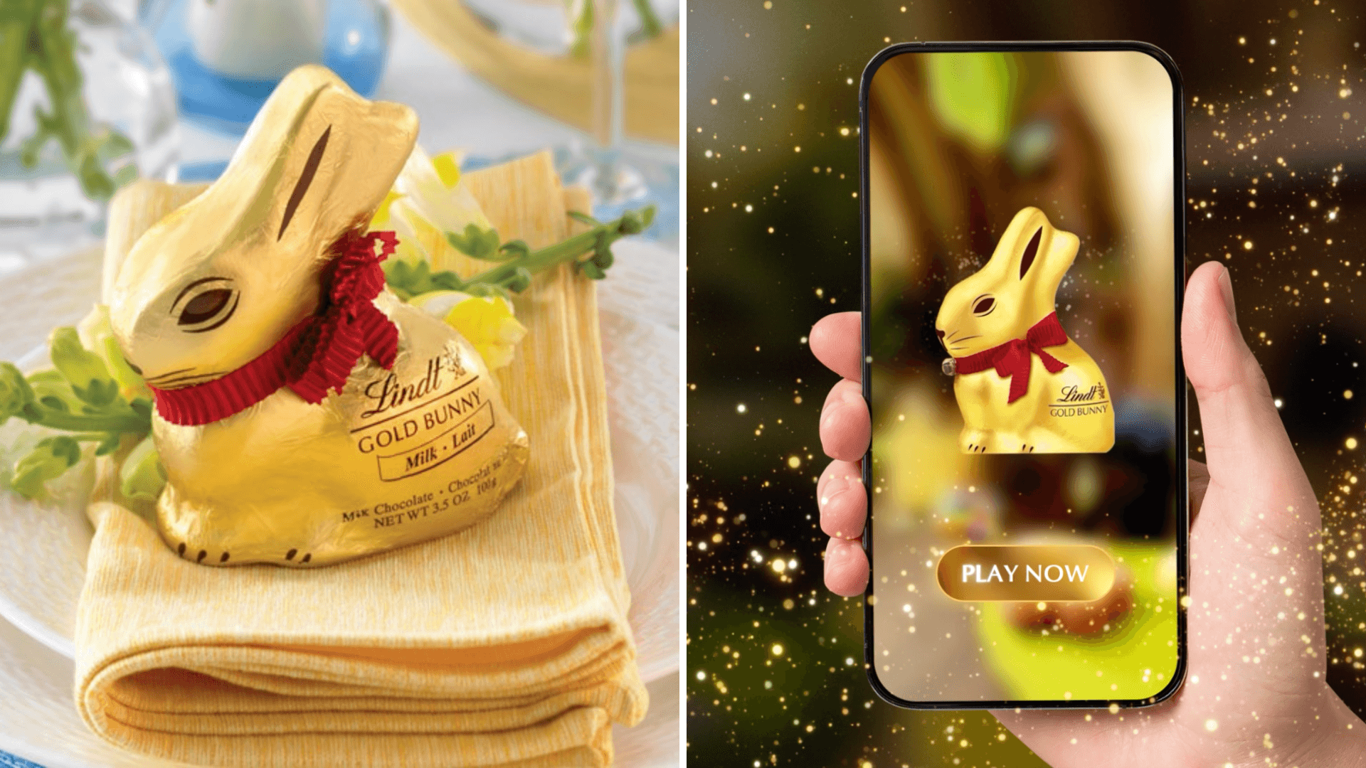 A Lindt GOLD BUNNY. Right: Lindt GOLD BUNNY phone game.